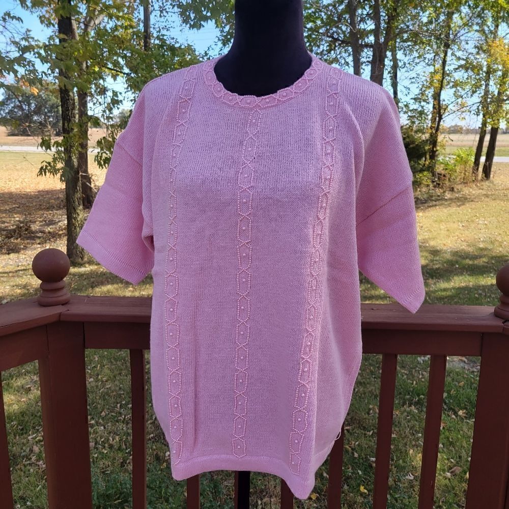 Pronto Moda Ladies Vintage Pink Short Sleeve Embellished Pullover Knit Sweater X